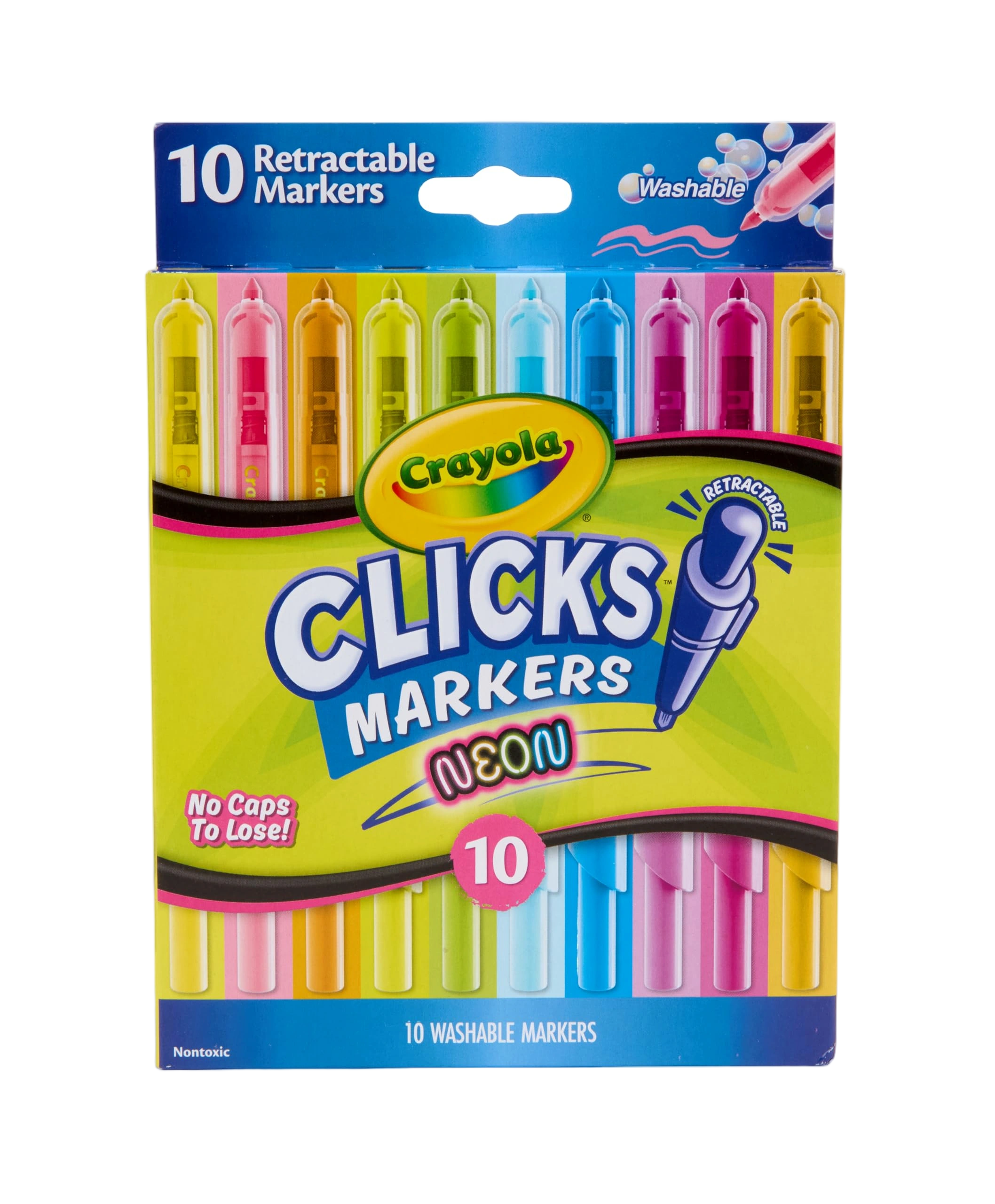 Crayola Clicks Retractable Tip Neon Markers (10ct), No Drying Washable Art Marke