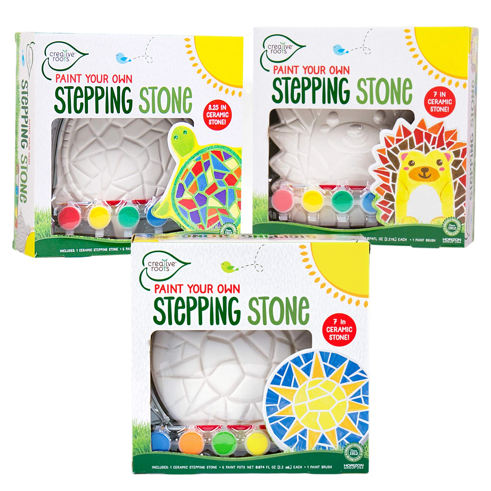 Creative Roots Mosaic Turtle, Hedgehog, & Sun - 3-Pack 7-Inch Ceramic Stepping S