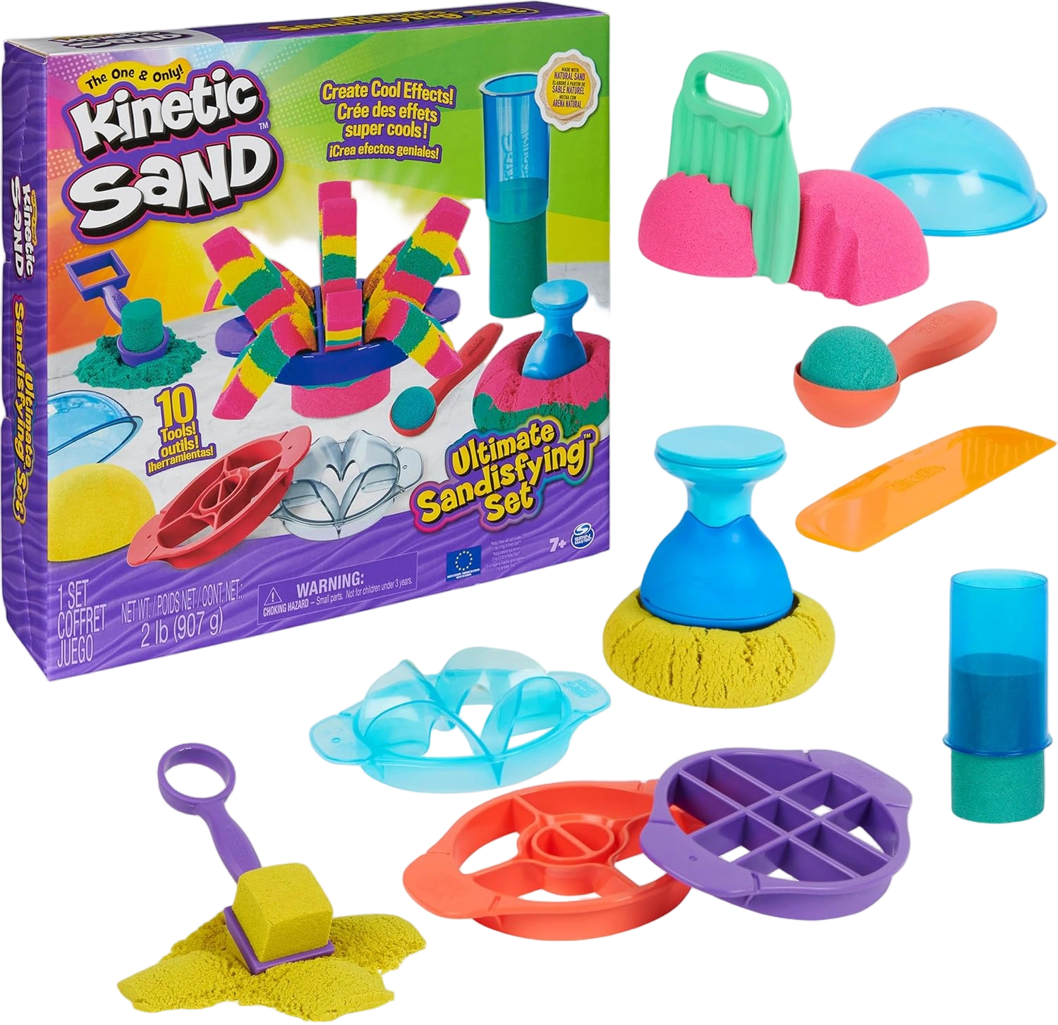 Ultimate Sandisfying Set with 2lbs Play Sand (Pink, Yellow & Teal), 10 Tools & M