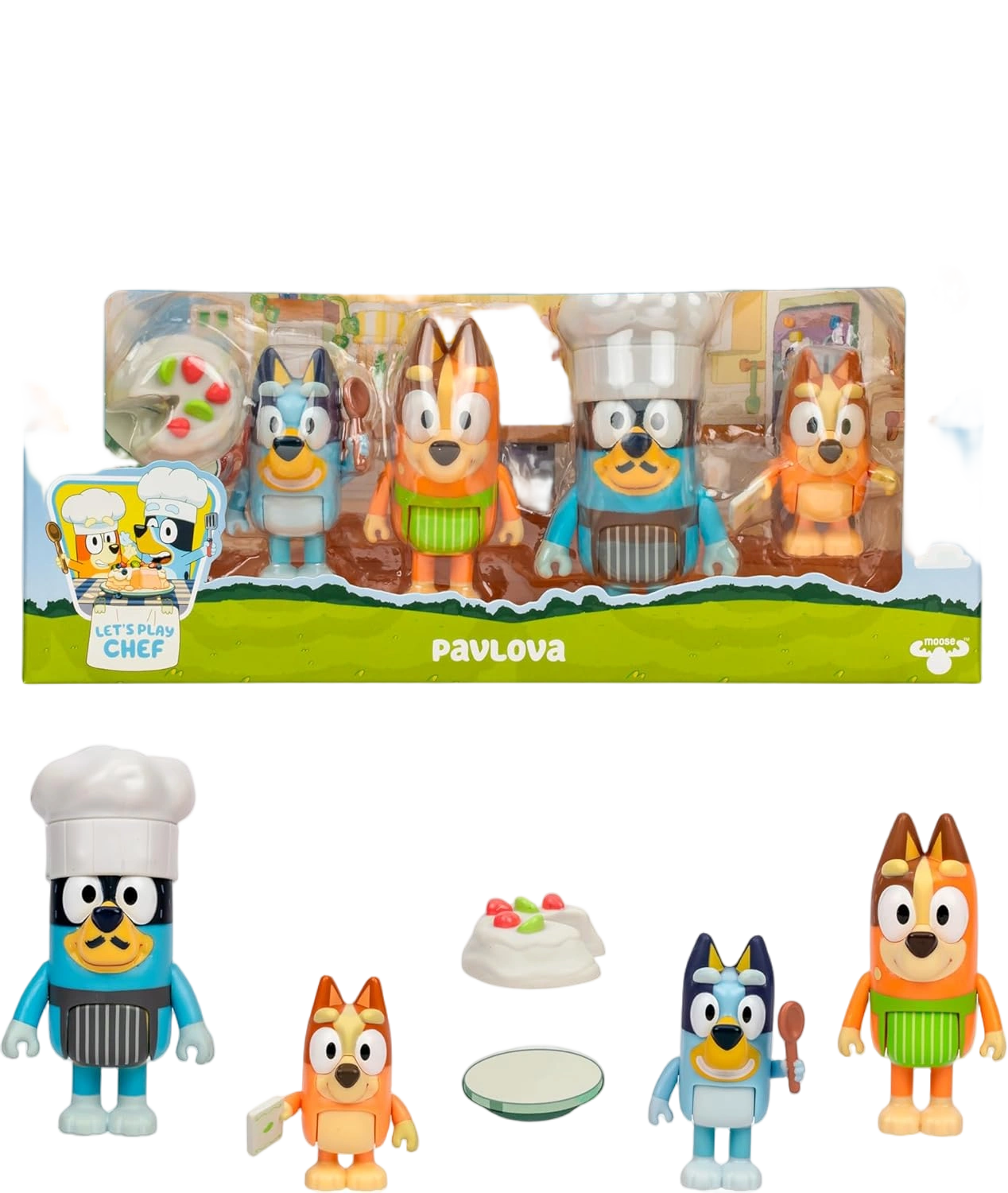 Bluey 4-Pack Toy Figure Playset, Let’s Play Chef Pavlova Toddler Figurine Toys S
