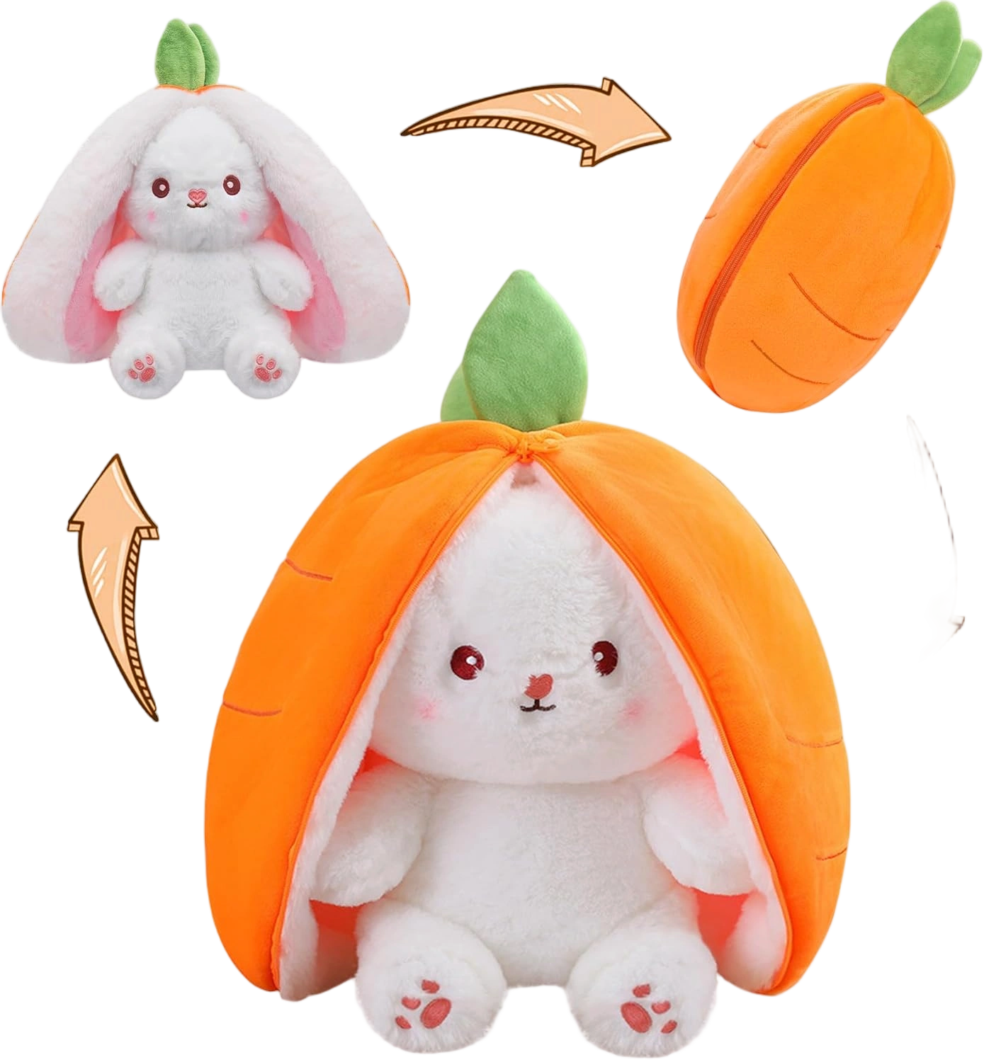 MIAODAM Reversible Carrot Bunny Stuffed Animal, Carrot Rabbit Ears Zip Plush Stu
