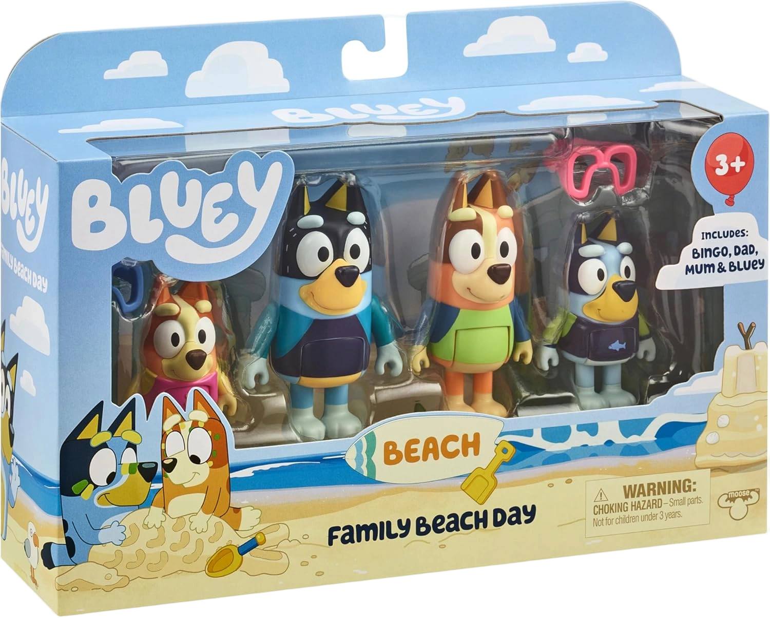 Bluey Toys 4-Pack Exclusive 2.5-3" Chilli, Bingo, Bandit Beach Figurines, Poseab