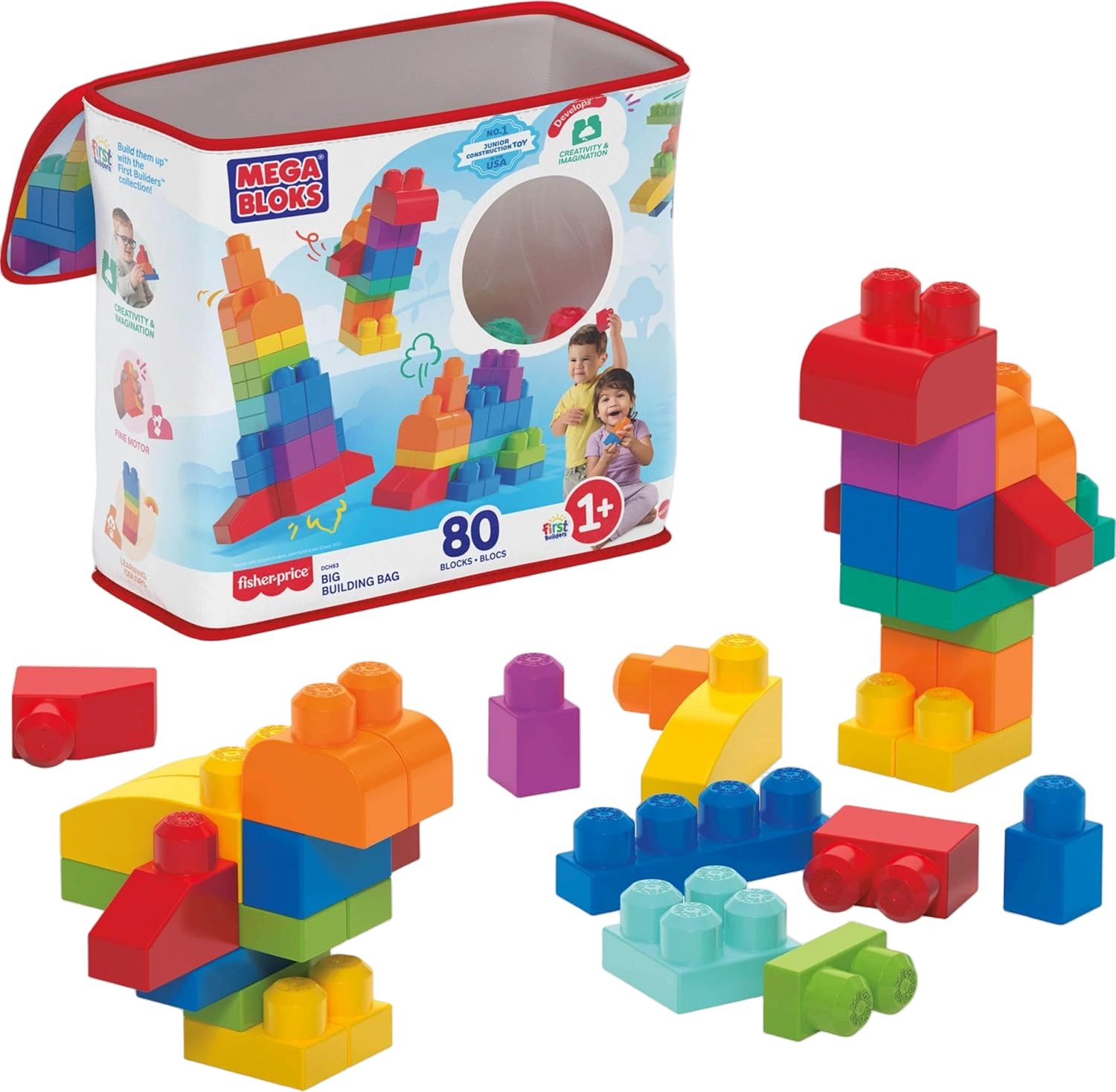 MEGA BLOKS First Builders Toddler Blocks Toys Set, Big Building Bag with 80 Piec