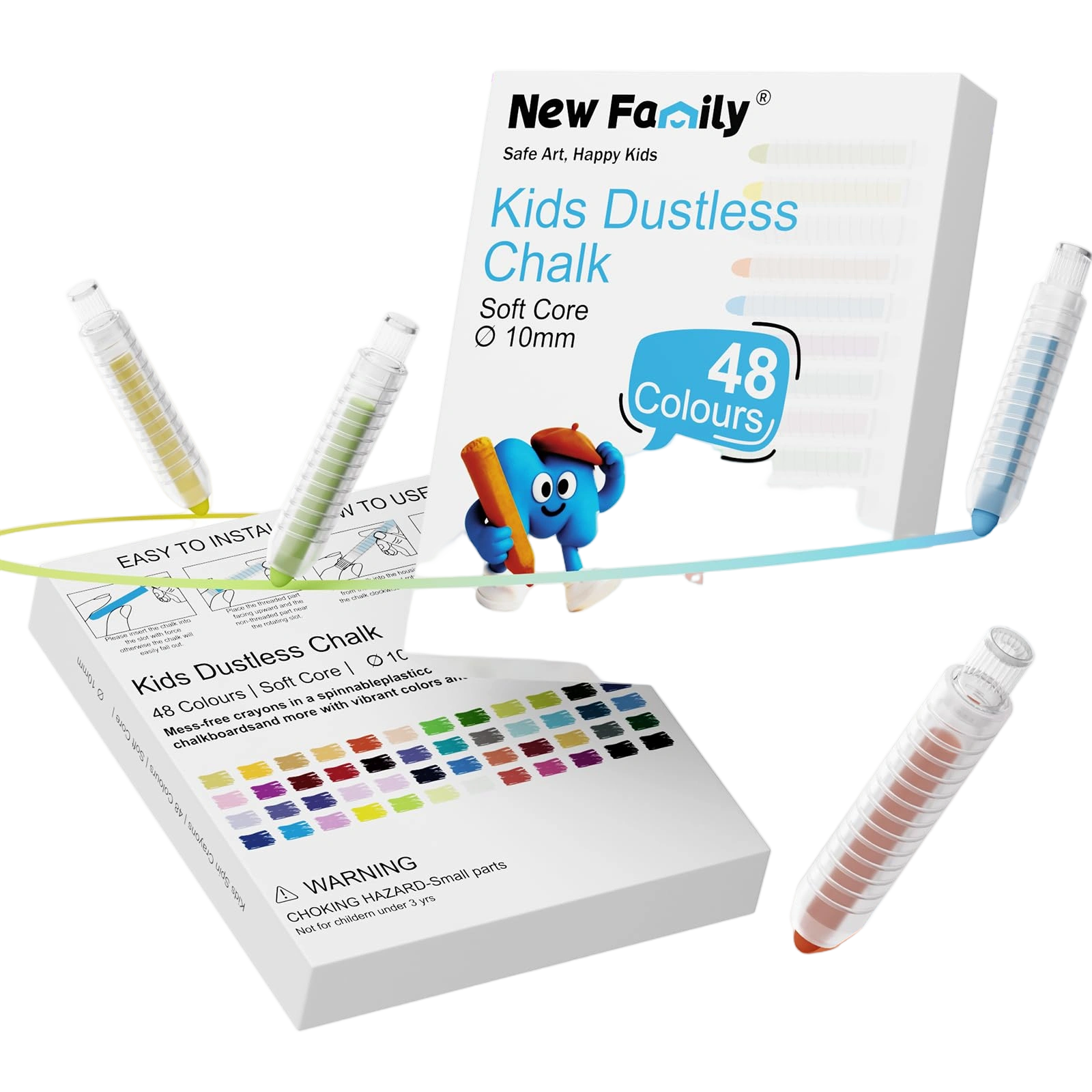 NewFamily 48-Color Dustless Chalk Set with Holders, Non-Toxic Washable Chalk for