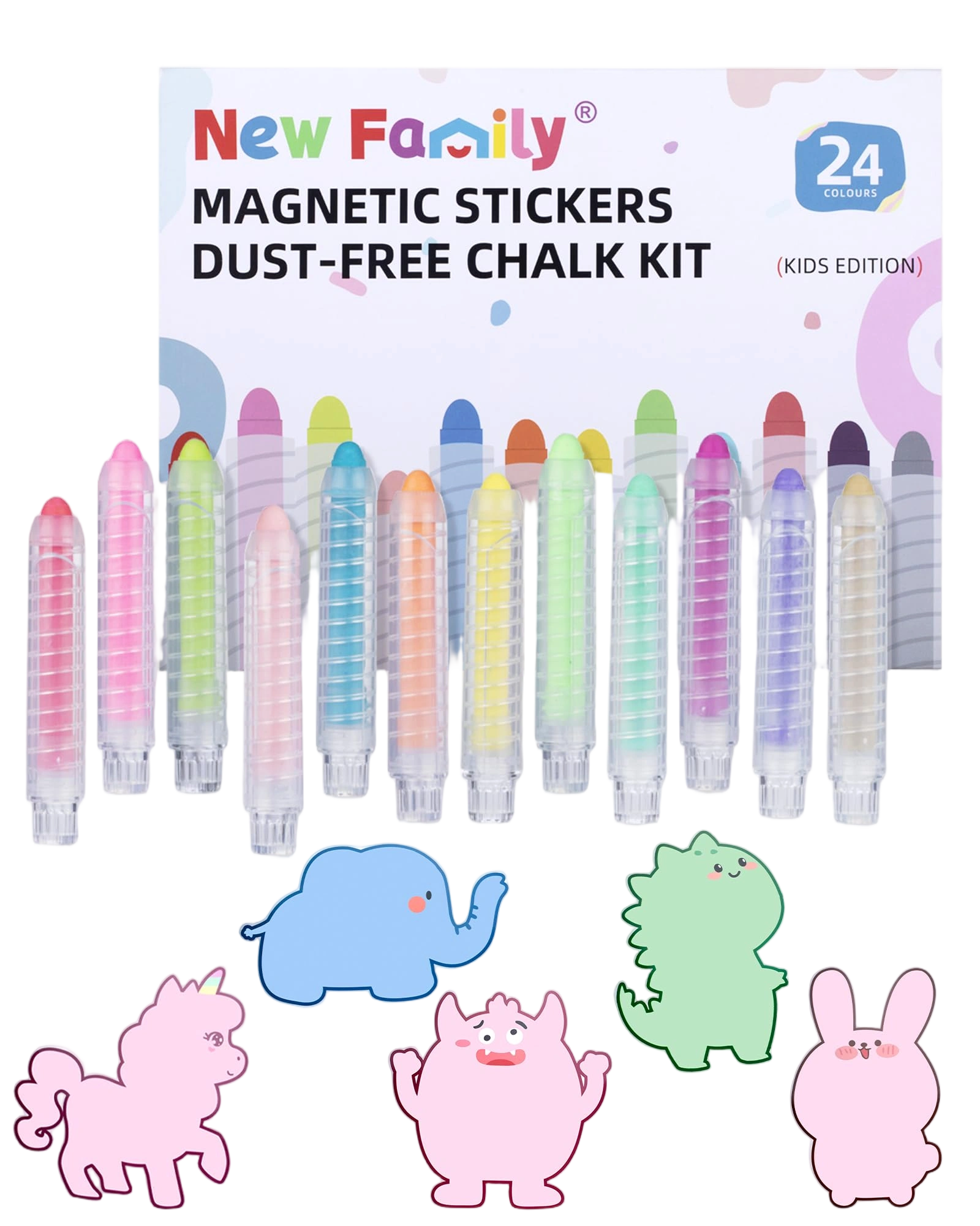 NewFamily Kids Art Chalk Set - 24 Color Dustless Chalk with Cute Magnetic Drawin