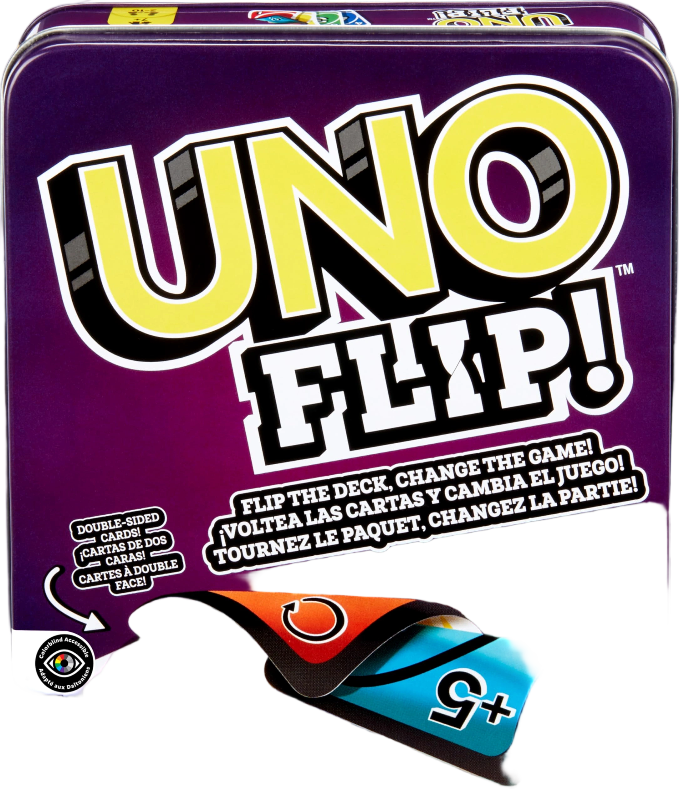Mattel Games UNO FLIP! Card Game in Storage & Travel Tin, Color Blind Accessible